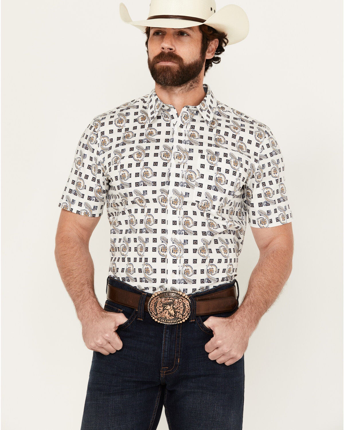 Cody James Men's Geo Paisley Print Short Sleeve Button-Down Stretch Western Shirt, White, hi-res