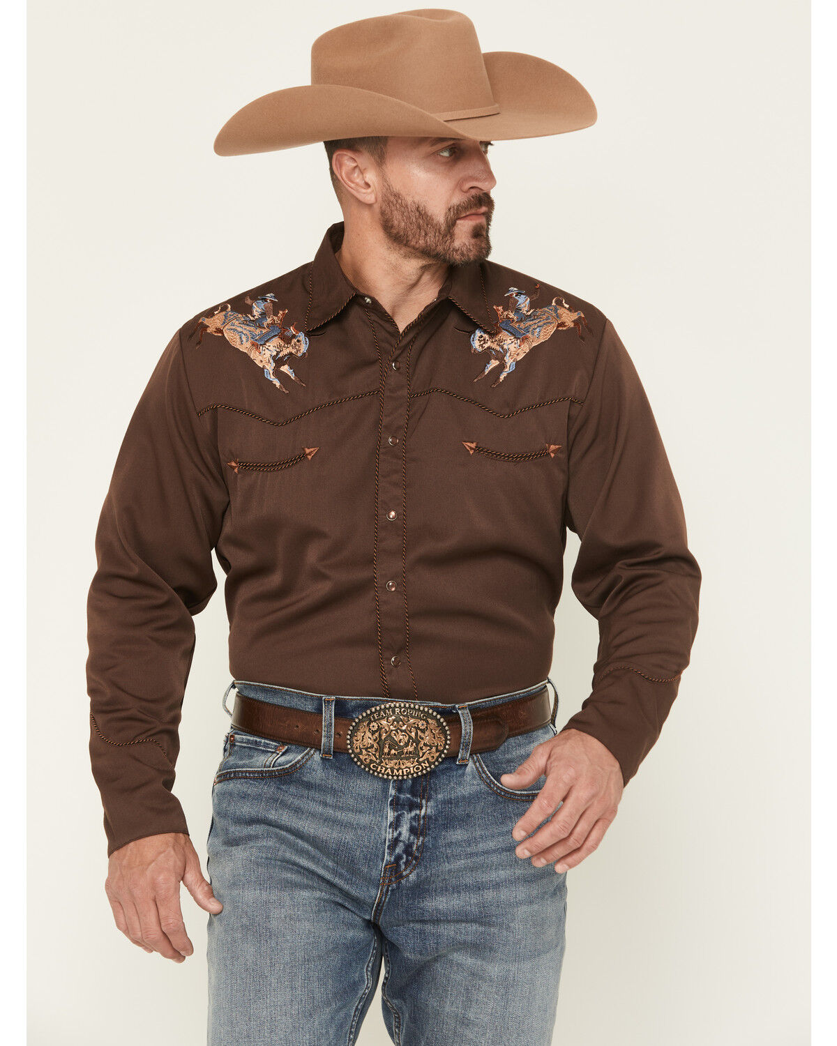 Image #1 - Scully Men's Cowboy Embroidered Long Sleeve Pearl Snap Western Shirt, Chocolate, hi-res