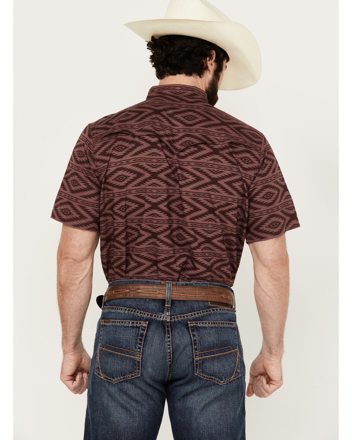 Image #4 - Ariat Men's VentTek Southwestern Print Short Sleeve Button-Down Performance Western Shirt, Maroon, hi-res