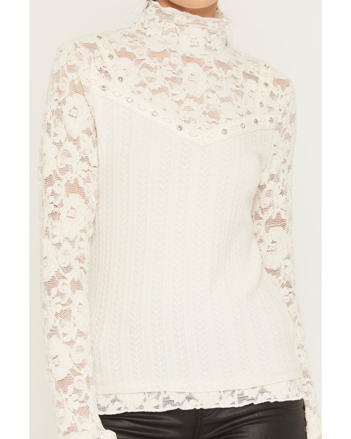 Image #3 - Miss Me Women's Mock Neck Lace Long Sleeve Top, White, hi-res