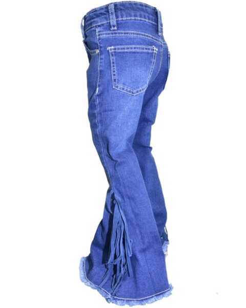 Cowgirl Hardware Girls' Fringe Bell Bottom Stretch Denim Jeans , Blue, hi-res