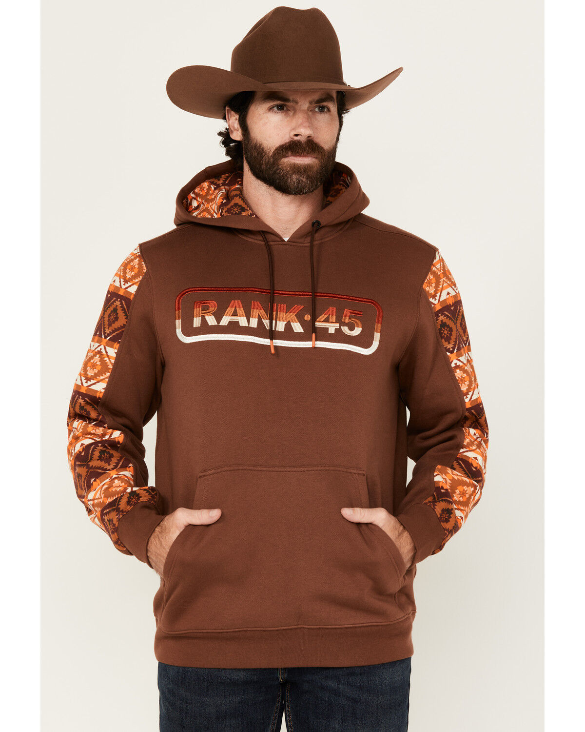 Image #1 - RANK 45® Men's Buckshot Southwestern Print Color Block Hooded Sweatshirt, Coffee, hi-res