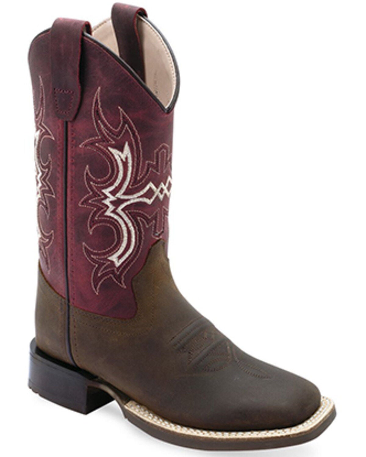Old West Boys' Hand Corded Western Boots - Broad Square Toe, Burgundy, hi-res
