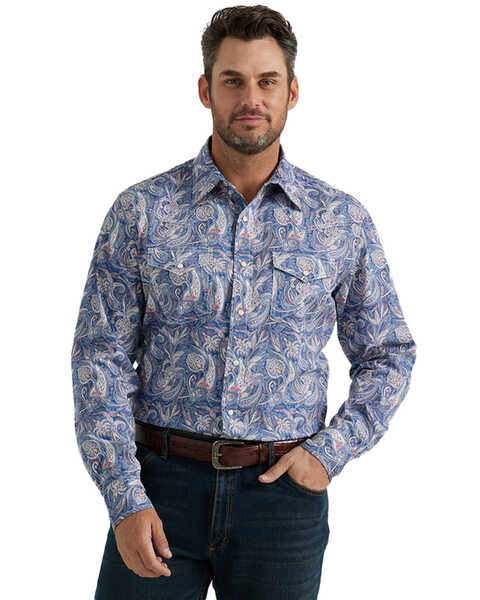 Wrangler 20X Men's Paisley Print Long Sleeve Pearl Snap Stretch Western Shirt - Tall , Blue, hi-res