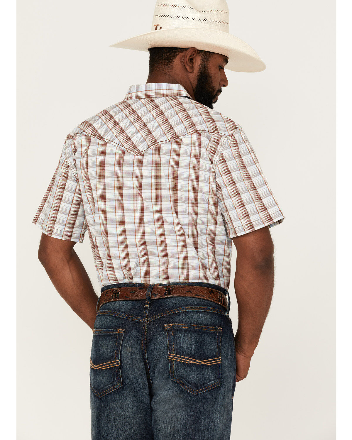 Image #4 - Cody James Men's Mount Vernon Small Plaid Short Sleeve Pearl Snap Western Shirt, Brown/blue, hi-res