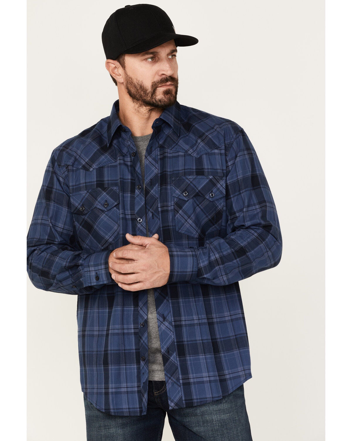 Resistol Men's Brooks Plaid Button Down Western Shirt, Dark Blue, hi-res