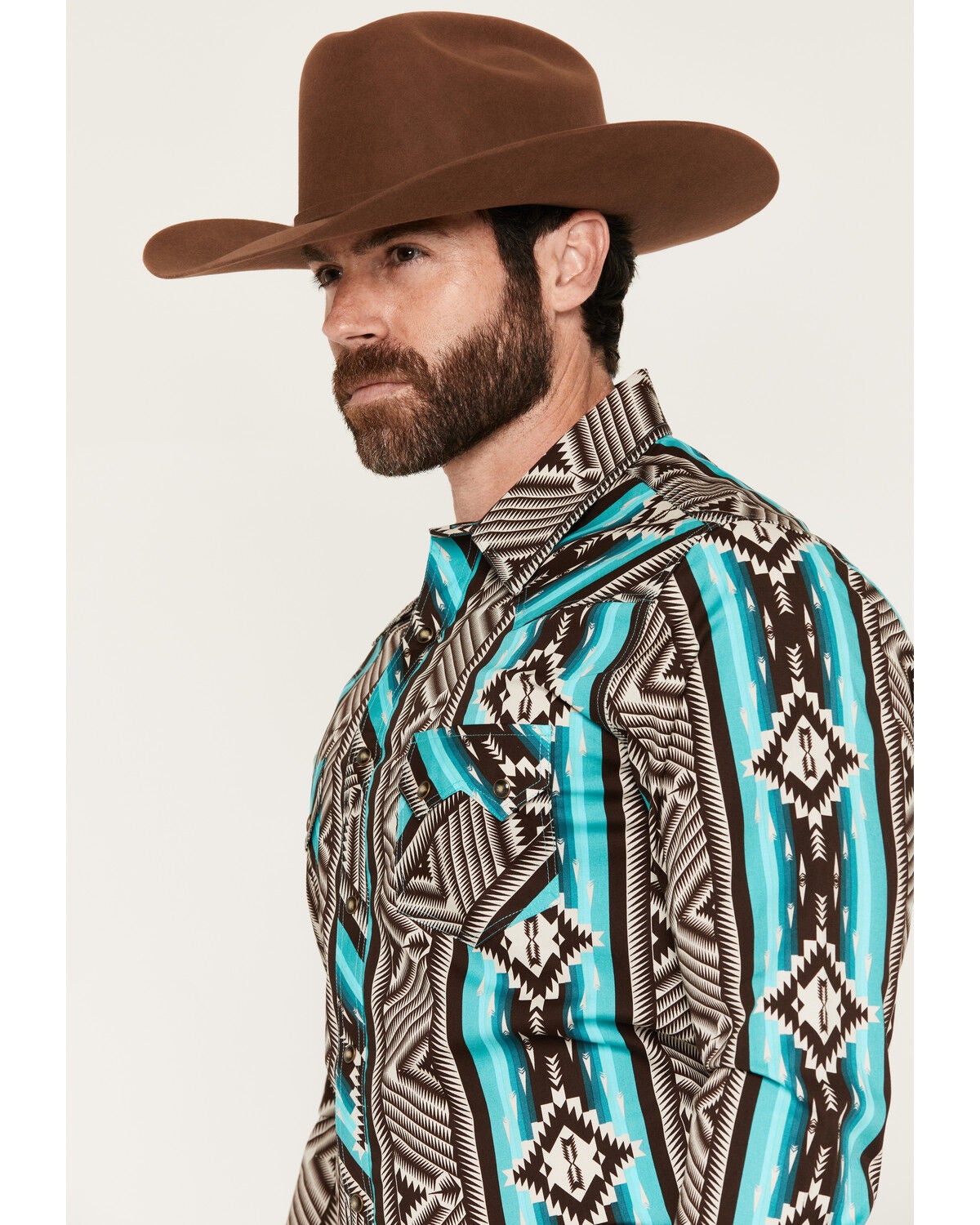 Image #2 - Rock & Roll Denim Men's Southwestern Print Long Sleeve Snap Stretch Western Shirt, Teal, hi-res