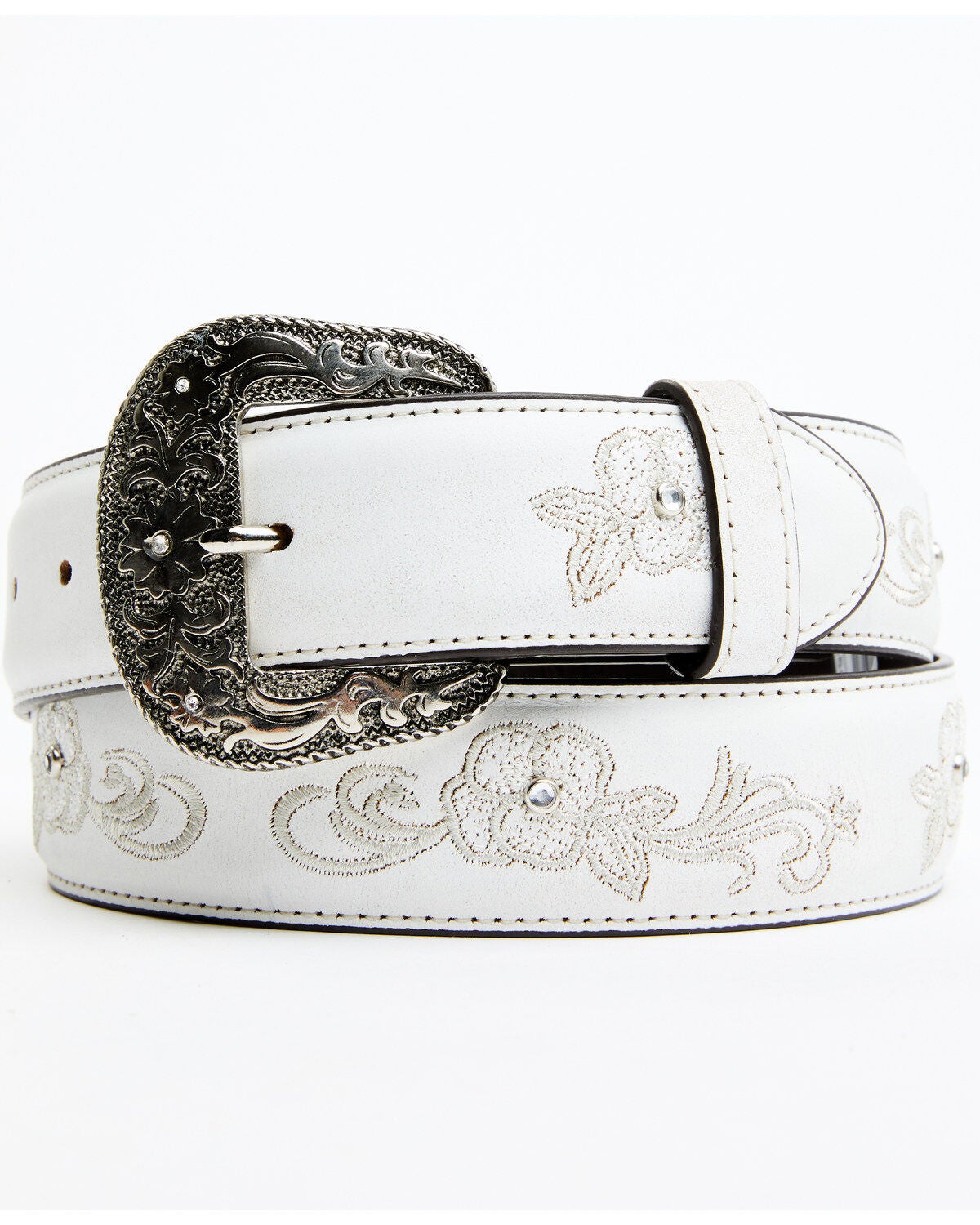 Shyanne Women's Lasy Floral Embroidered Rhinestone Western Belt, White, hi-res