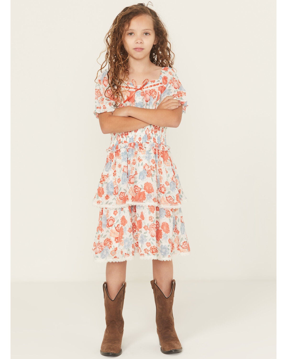 Ash & Violet Girls' Floral Chiffon Dot Short Sleeve Mini Dress, Multi, hi-res