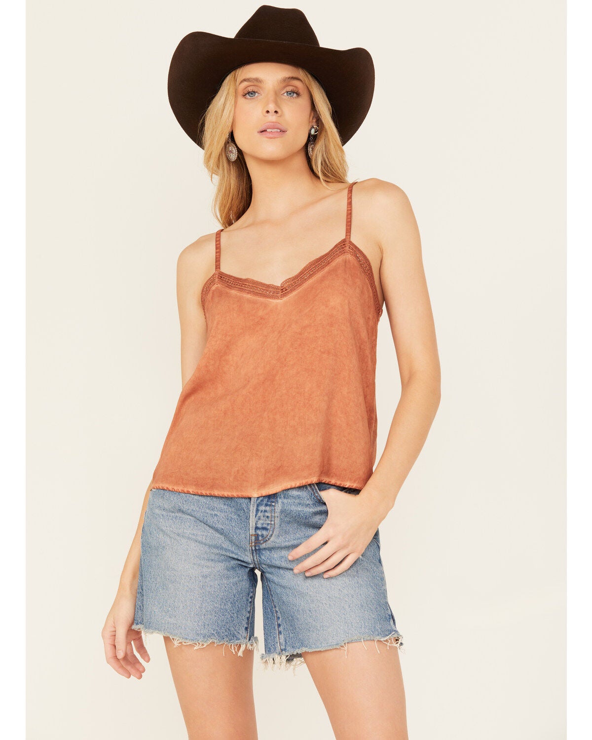 Wild Moss Women's Lace Trim Cami, Rust Copper, hi-res