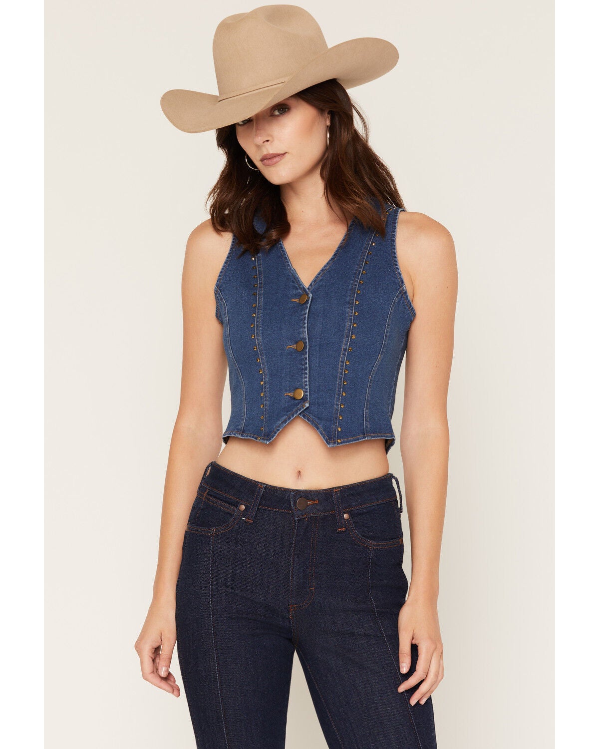 Blue B Women's Boot Barn Exclusive Boot Stitch Studded Denim Vest, Medium Wash, hi-res