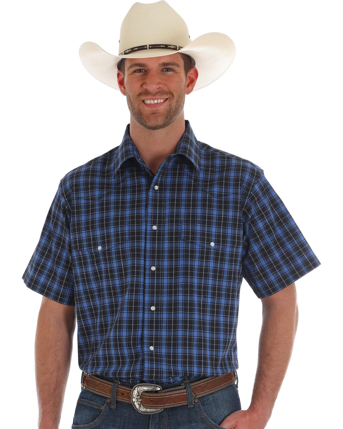 Image #1 - Wrangler Men's Wrinkle Resistant Blue Med Plaid Short Sleeve Western Shirt , , hi-res