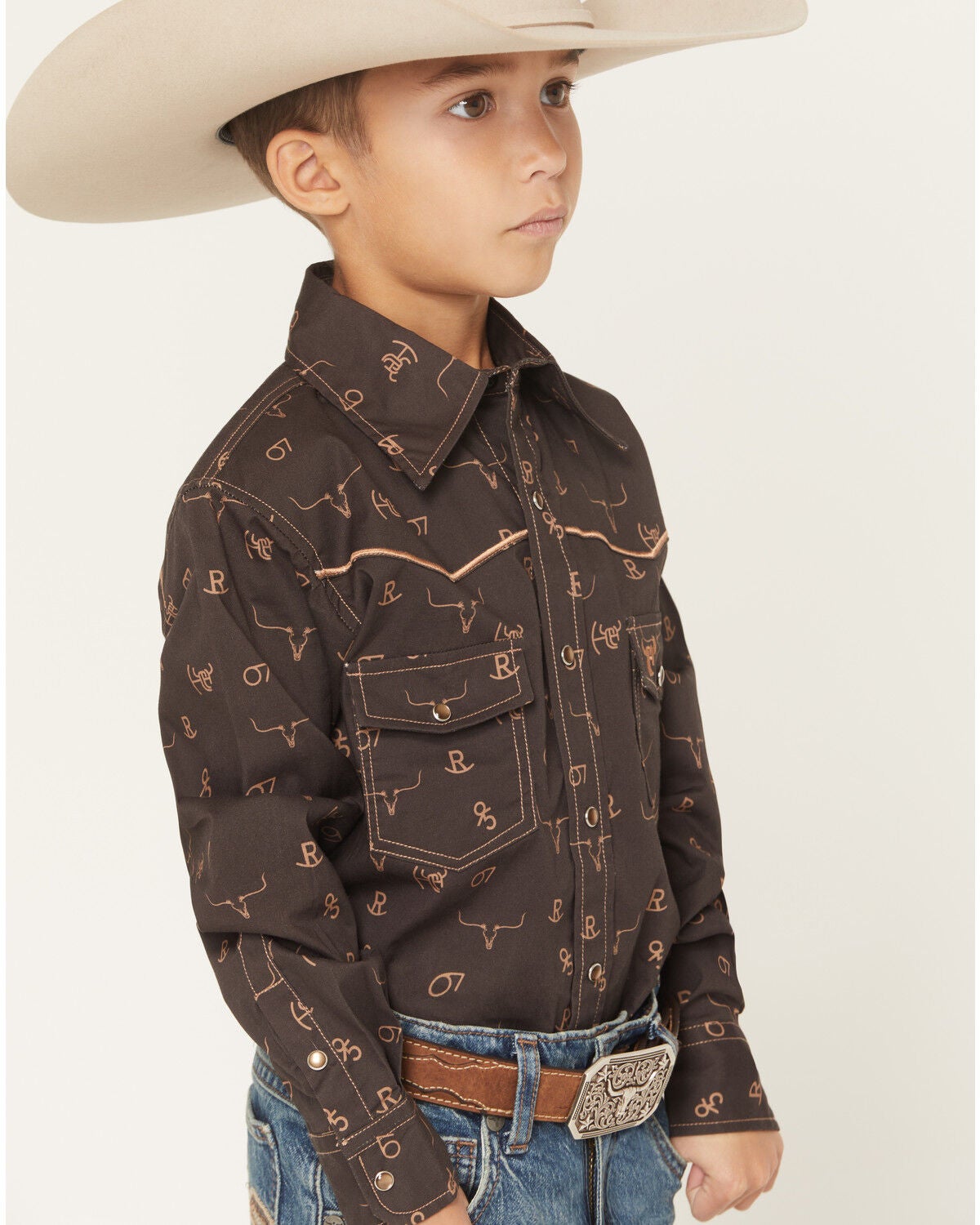 Image #2 - Cowboy Hardware Boys' Branding Iron Long Sleeve Snap Stretch Western Shirt, Brown, hi-res