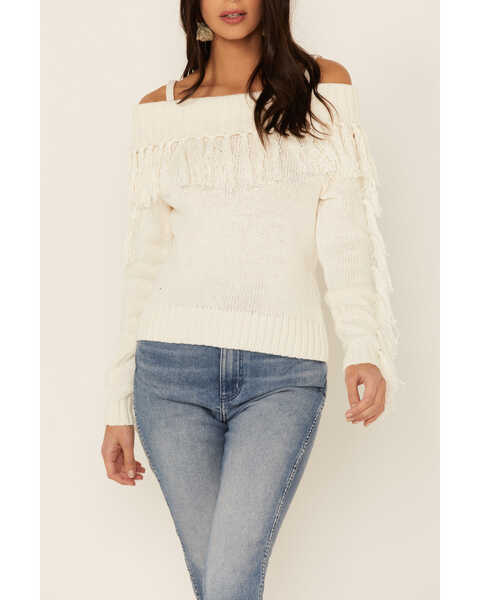 Shyanne Women's White Off-Shoulder Fringe Long Sleeve Knit Sweater, Ivory, hi-res
