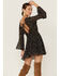 Beyond The Radar Women's Floral Faux Suede Cutout Bodice Bell Sleeve Dress, Black, hi-res