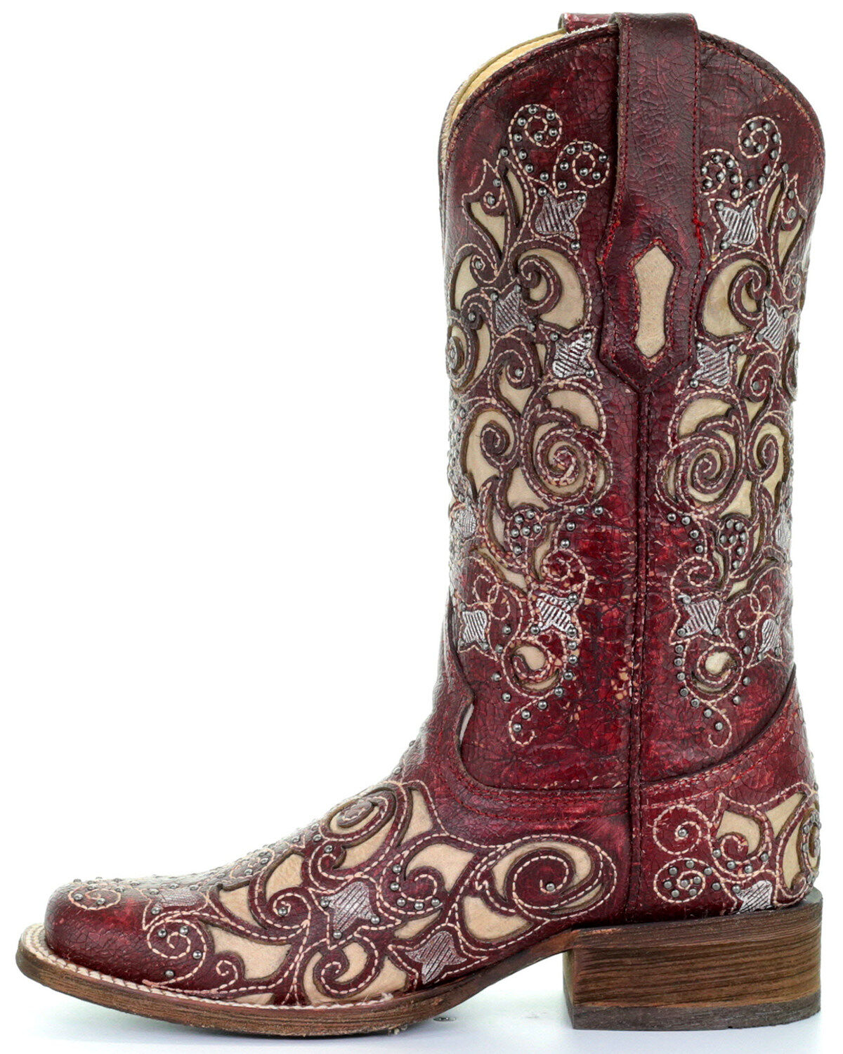 Image #3 - Corral Women's Red Embroidered Stud Inlay Cowgirl Boots - Square Toe, , hi-res