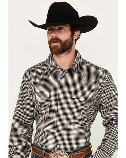 Image #1 - Wrangler Men's Plaid Print Long Sleeve Pearl Snap Western Shirt, Black, hi-res
