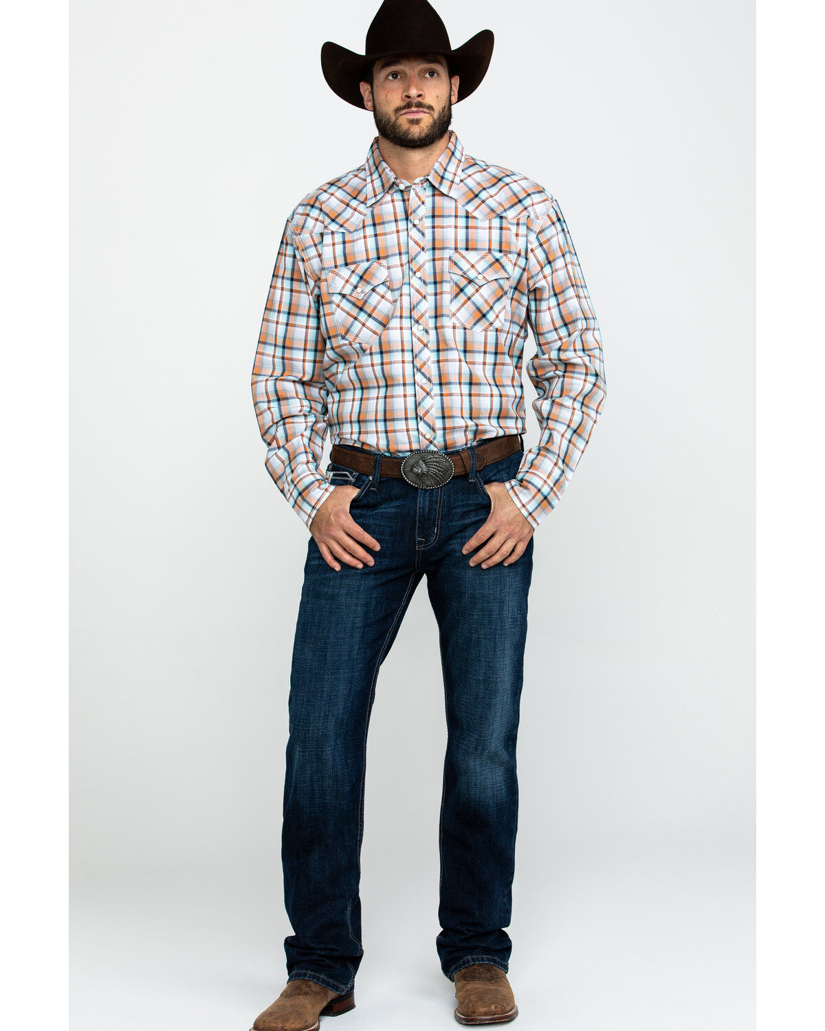 Image #6 - Wrangler 20X Men's Advanced Comfort Orange Plaid Long Sleeve Western Shirt, , hi-res