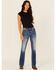 Image #3 - Miss Me Women's Medium Wash Mid Rise Fleur de Lis Pocket 32" Bootcut Stretch Denim Jeans, Medium Wash, hi-res