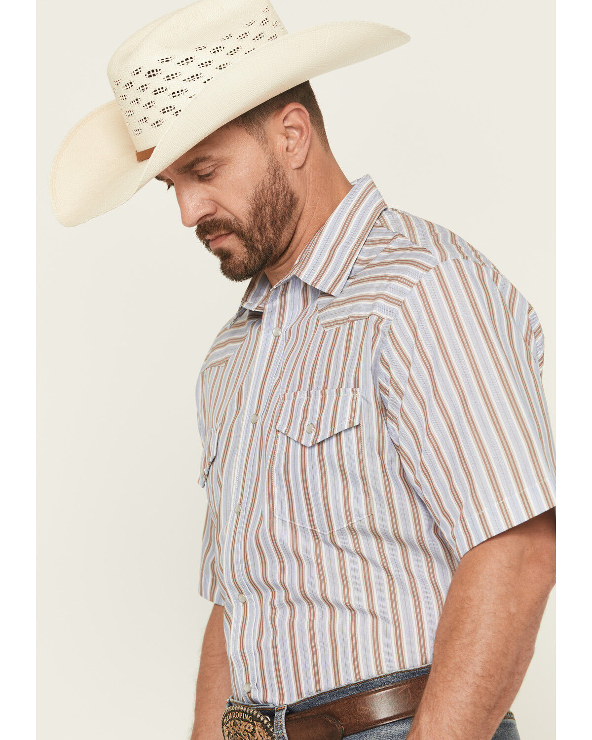 Image #2 - Roper Men's Striped Print Short Sleeve Snap Stretch Western Shirt, Light Blue, hi-res