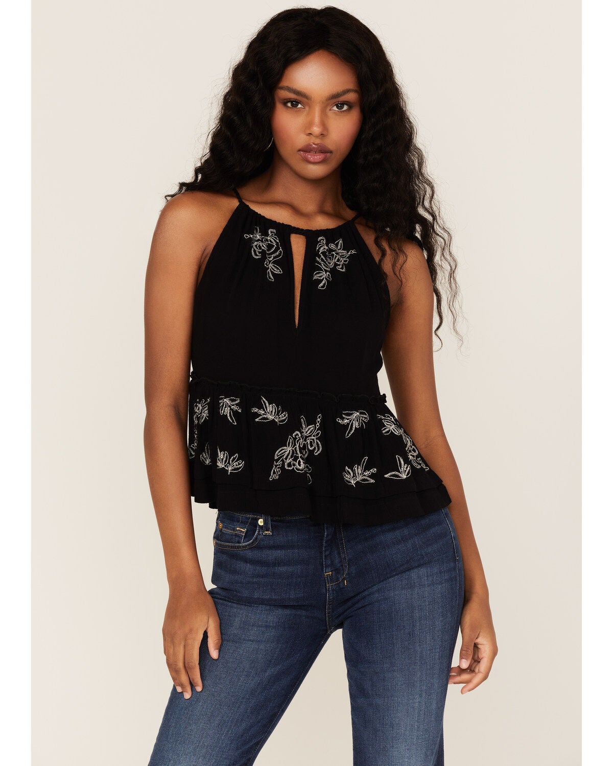 Shyanne Women's Embroidered Floral Keyhole Tank Top, Black, hi-res