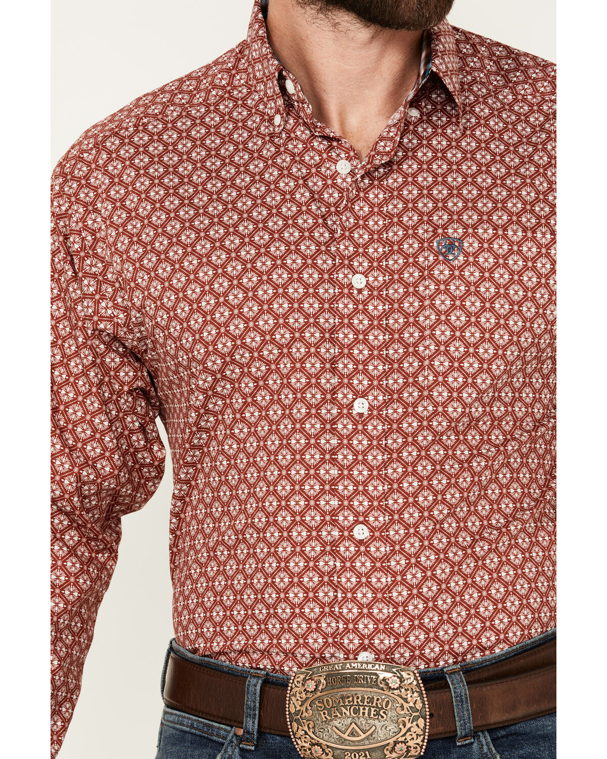 Image #3 - Ariat Men's Gideon Medallion Print Long Sleeve Button-Down Western Shirt, Red, hi-res