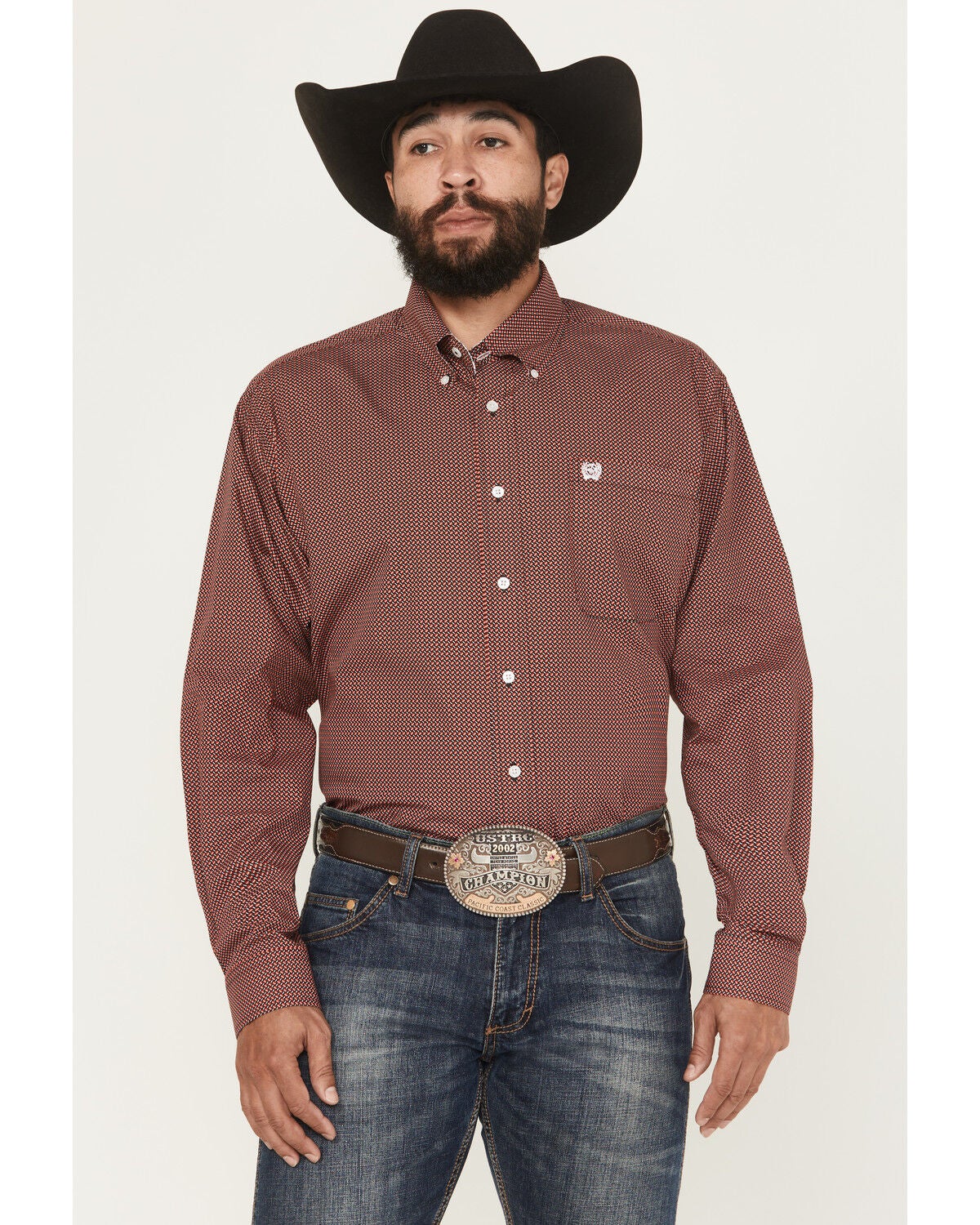 Cinch Men's Micro Geo Print Long Sleeve Button-Down Western Shirt - Big, Red, hi-res