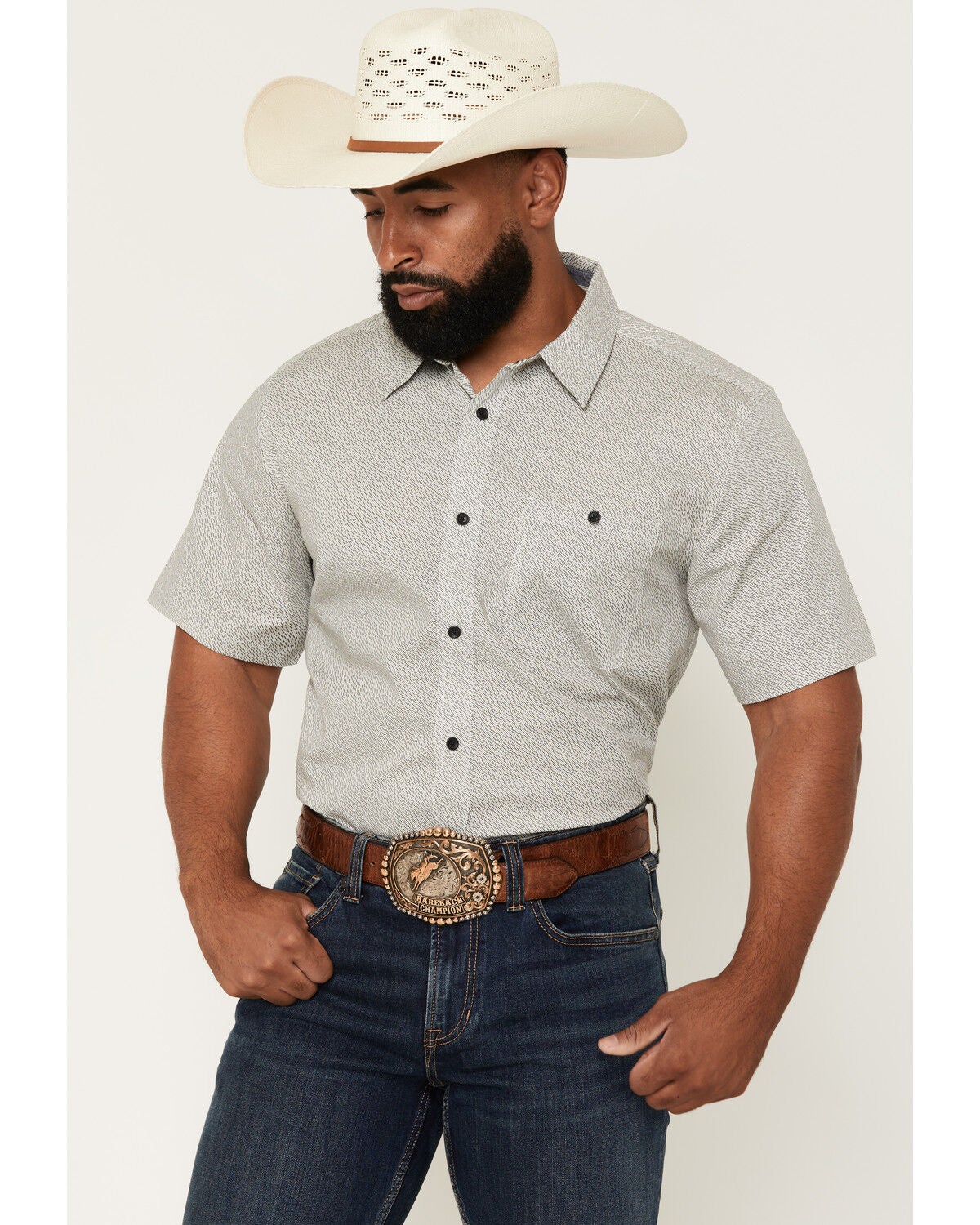 RANK 45&reg; Men's Semi Final Geo Print Short Sleeve Button-Down Stretch Western Shirt, Ivory, hi-res