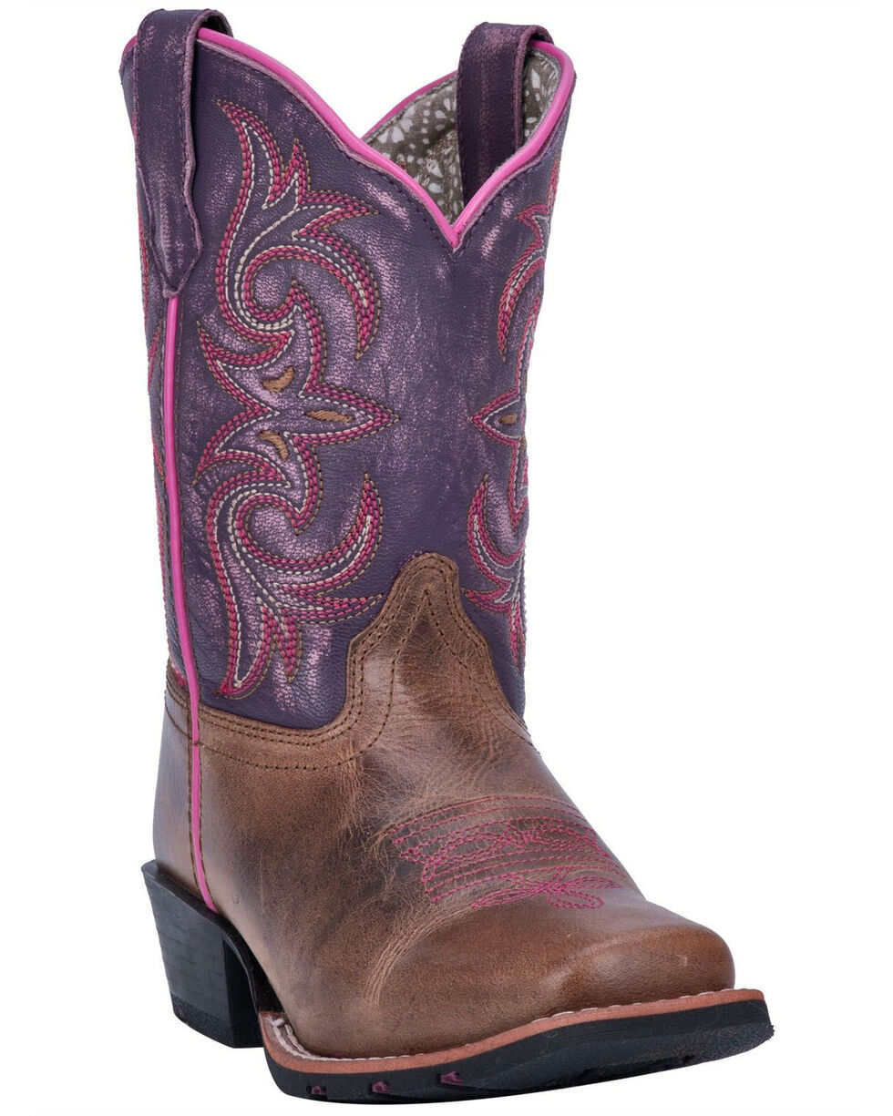 Kids Western Cowboy Boots Purple Solid Leather Square Toe Botas