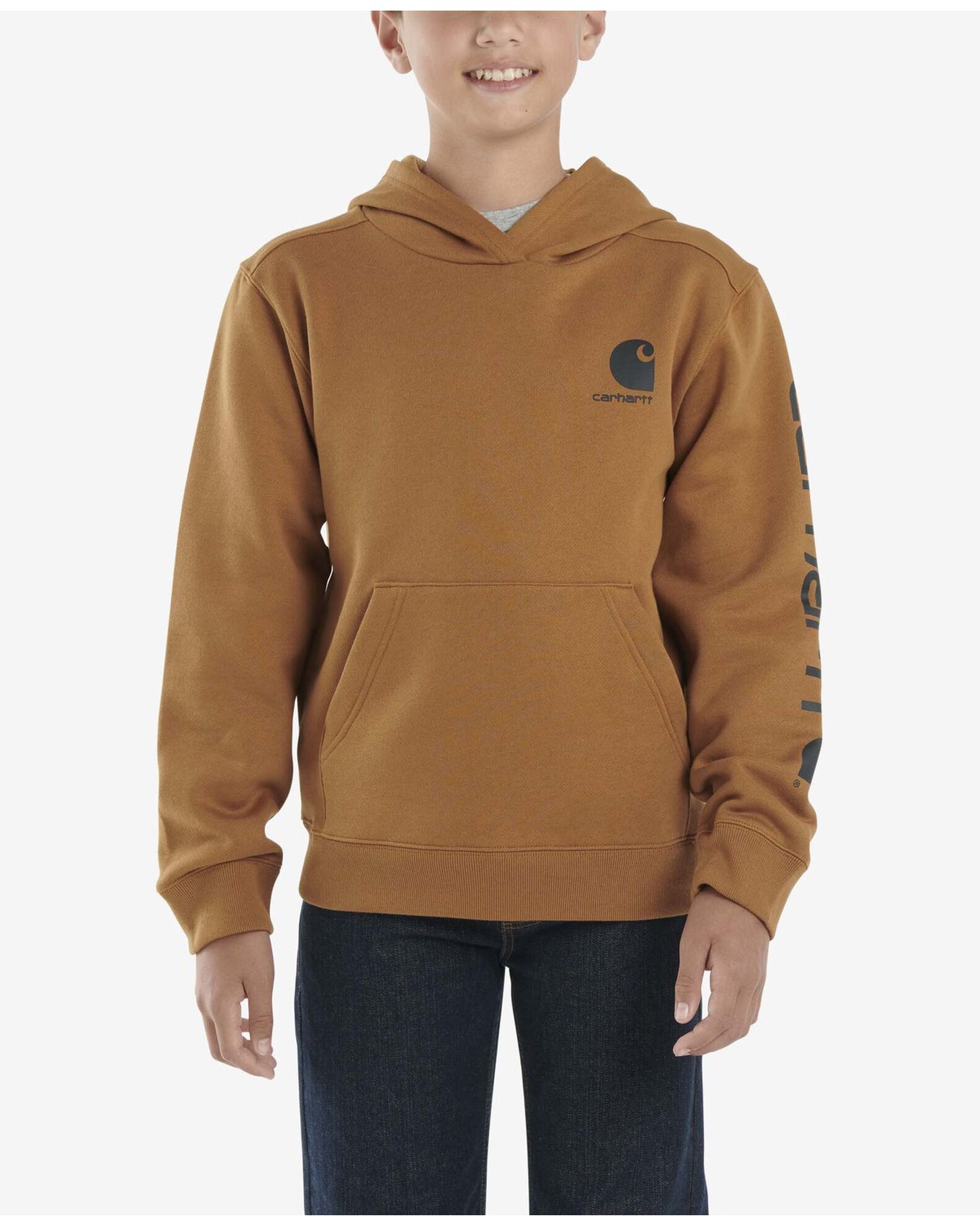 Image #1 - Carhartt Boys' Logo Graphic Hooded Sweatshirt, Brown, hi-res