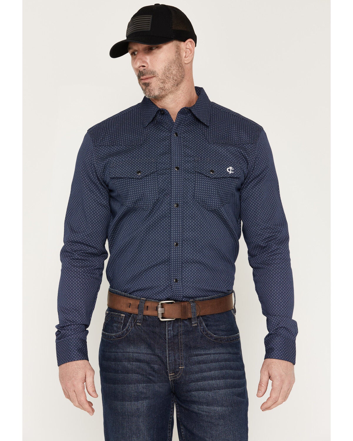 Cody James Men's FR Medora Print Long Sleeve Snap Stretch Western Work Shirt, Navy, hi-res