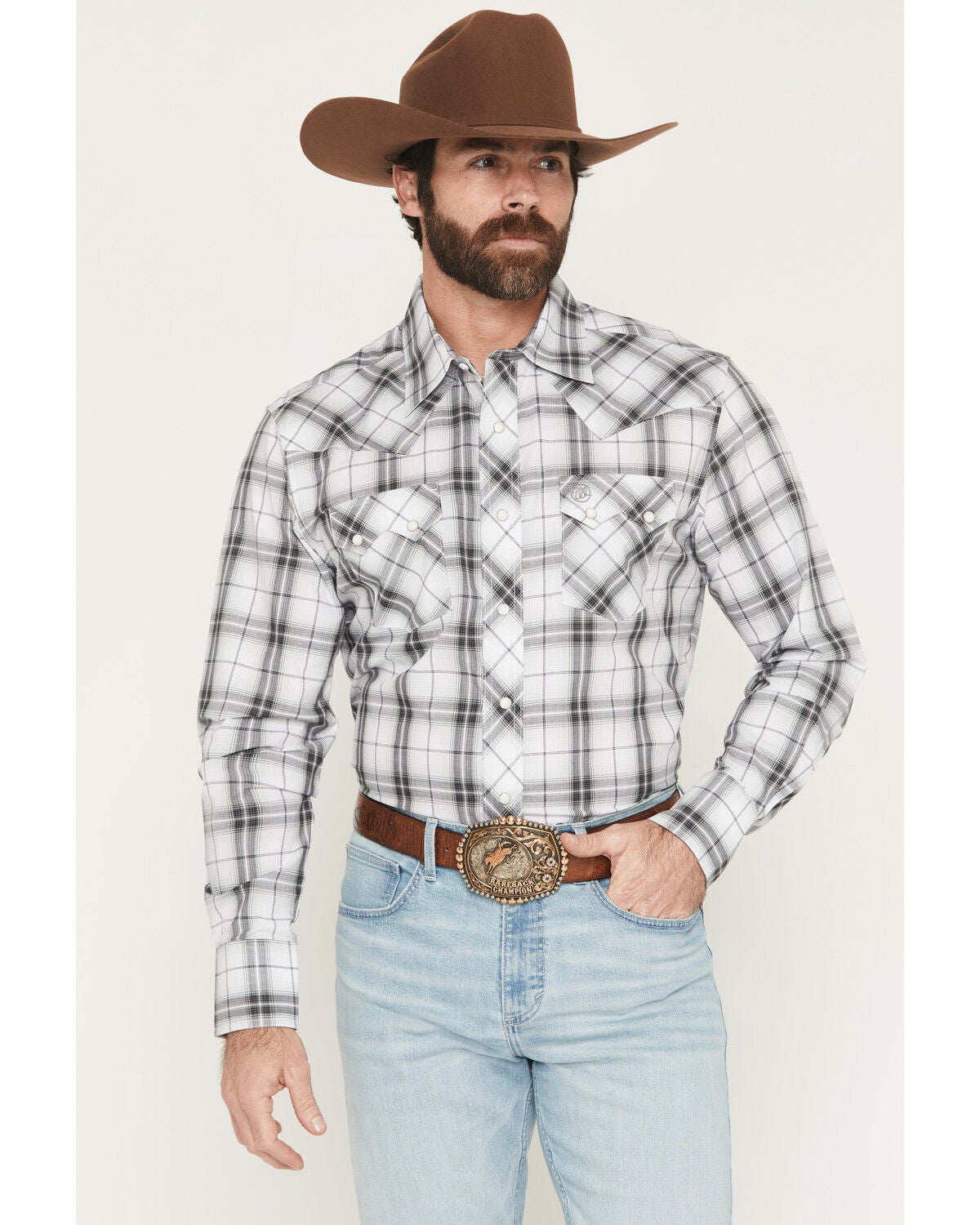 Image #1 - Wrangler Retro Men's Plaid Print Long Sleeve Snap Western Shirt, Black, hi-res