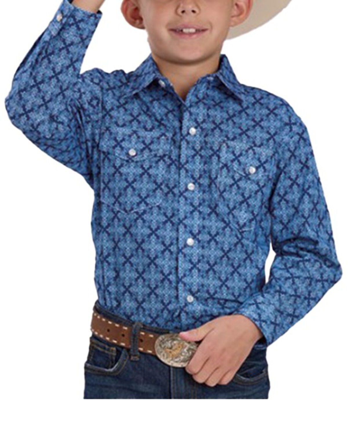 Roper Boys' Medallion Print Short Sleeve Snap Western Shirt, Blue, hi-res