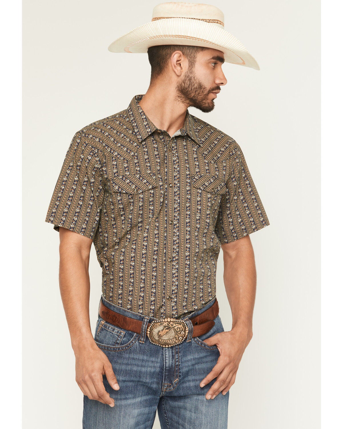 Gibson Trading Co Men's Evolve Floral Striped Short Sleeve Snap Western Shirt - Tall, Navy, hi-res