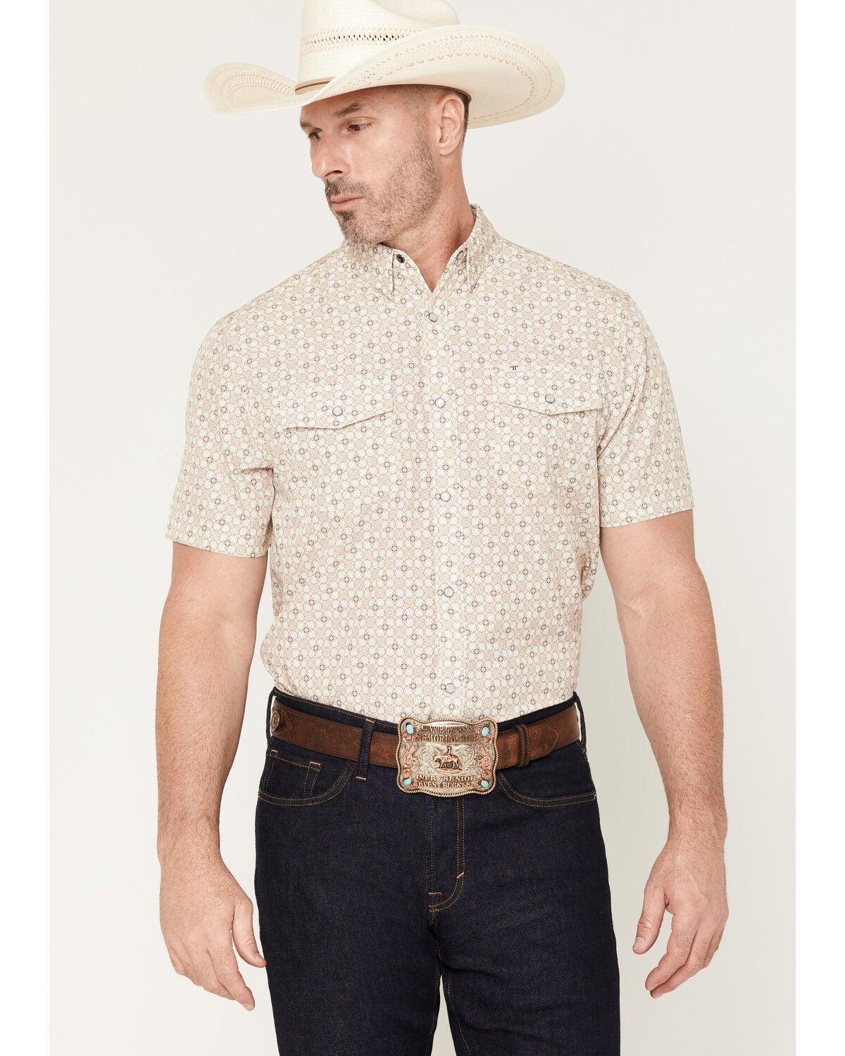 Ferrell Men's Callen Tek Medallion Print Short Sleeve Pearl Snap Stretch Western Shirt, Tan, hi-res