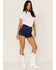 Image #1 - Shyanne Women's Dark Wash High Rise Retro Stripe Shorts, , hi-res