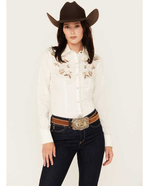 Rock & Roll Denim Women's Retro Embroidered Long Sleeve Snap Western Shirt , Ivory, hi-res