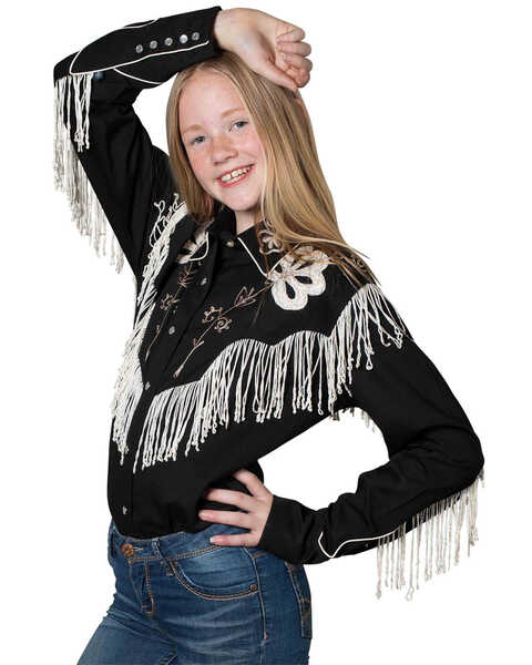 Rockmount Ranchwear Girls' Embroidered Vintage Fringe Long Sleeve Pearl Snap Western Shirt, Black, hi-res