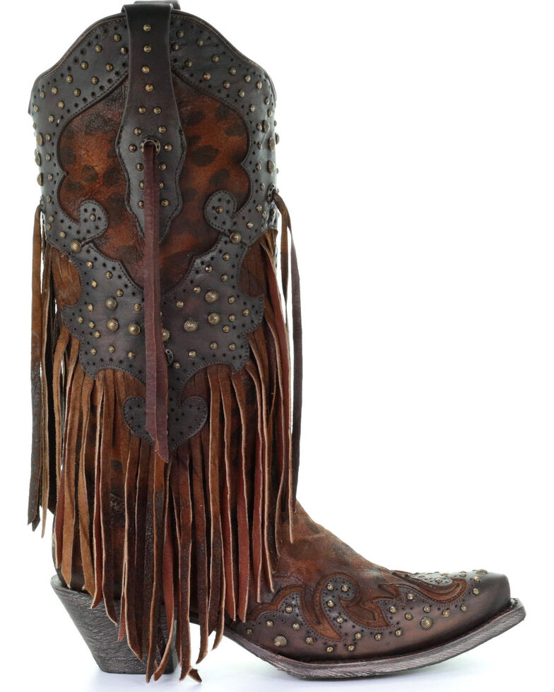 Corral Women's Leopard Stud & Fringe Cowgirl Boots - Snip Toe | Boot Barn