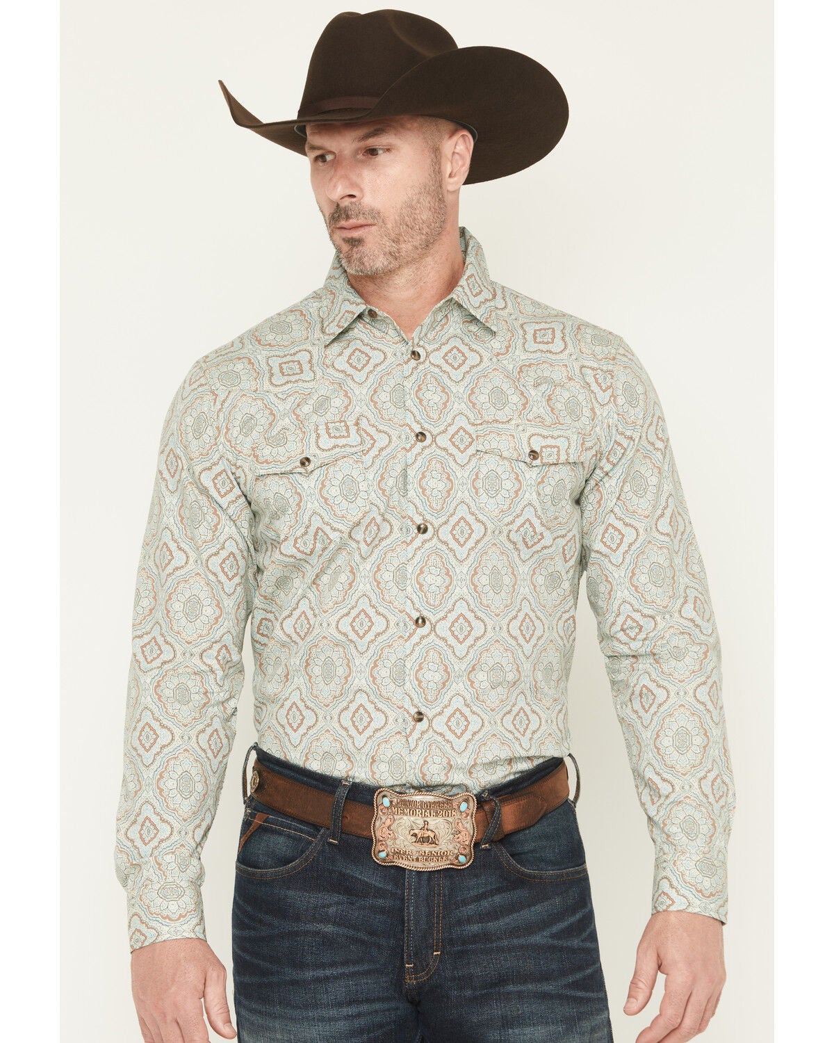Gibson Trading Co Men's Garfunkle Medallion Print Long Sleeve Snap Stretch Western Shirt, Mint, hi-res