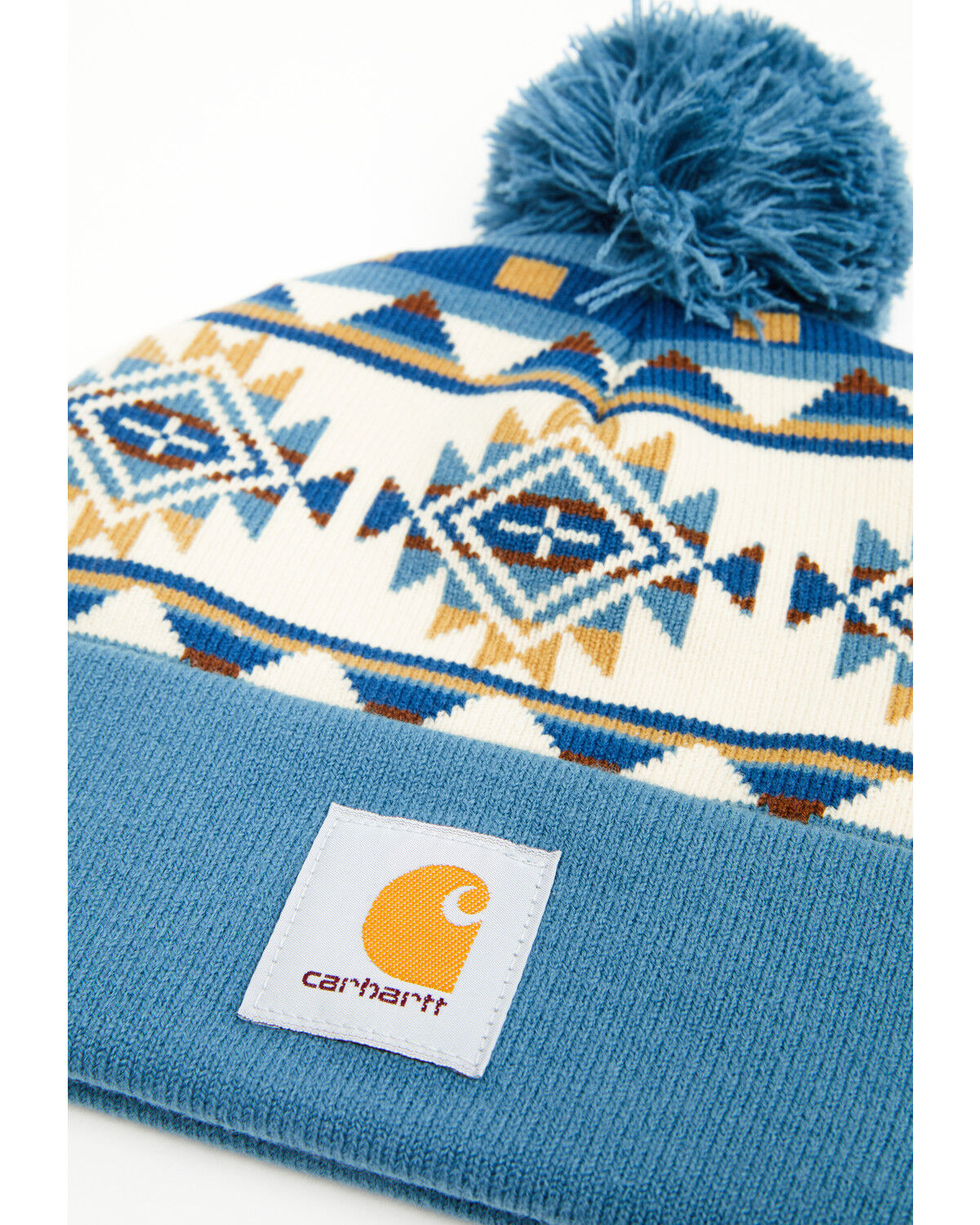 Image #2 - Carhartt Bethany Yellowtail Knit Pom Cuffed Logo Beanie, Blue, hi-res