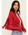Saints & Hearts Women's Faux Suede Cropped Fringe Jacket, Red, hi-res