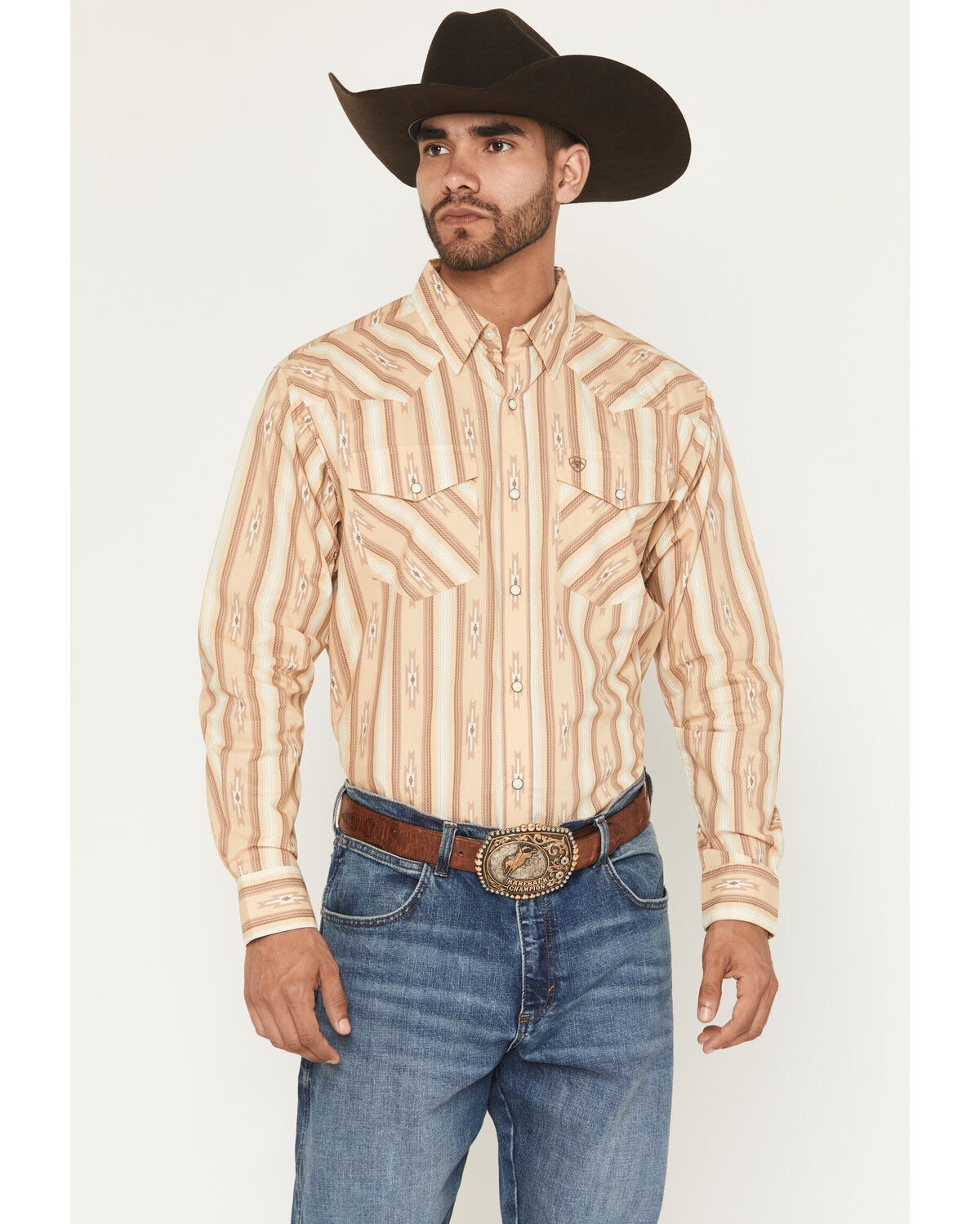 Image #1 - Ariat Men's Tommy Southwestern Print Long Sleeve Snap Western Shirt, Tan, hi-res