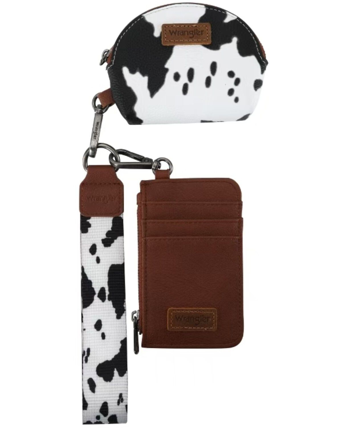 Image #1 - Wrangler Women's Boot Barn Exclusive Daisy Cow Print Dual Pouch Wristlet, Brown, hi-res
