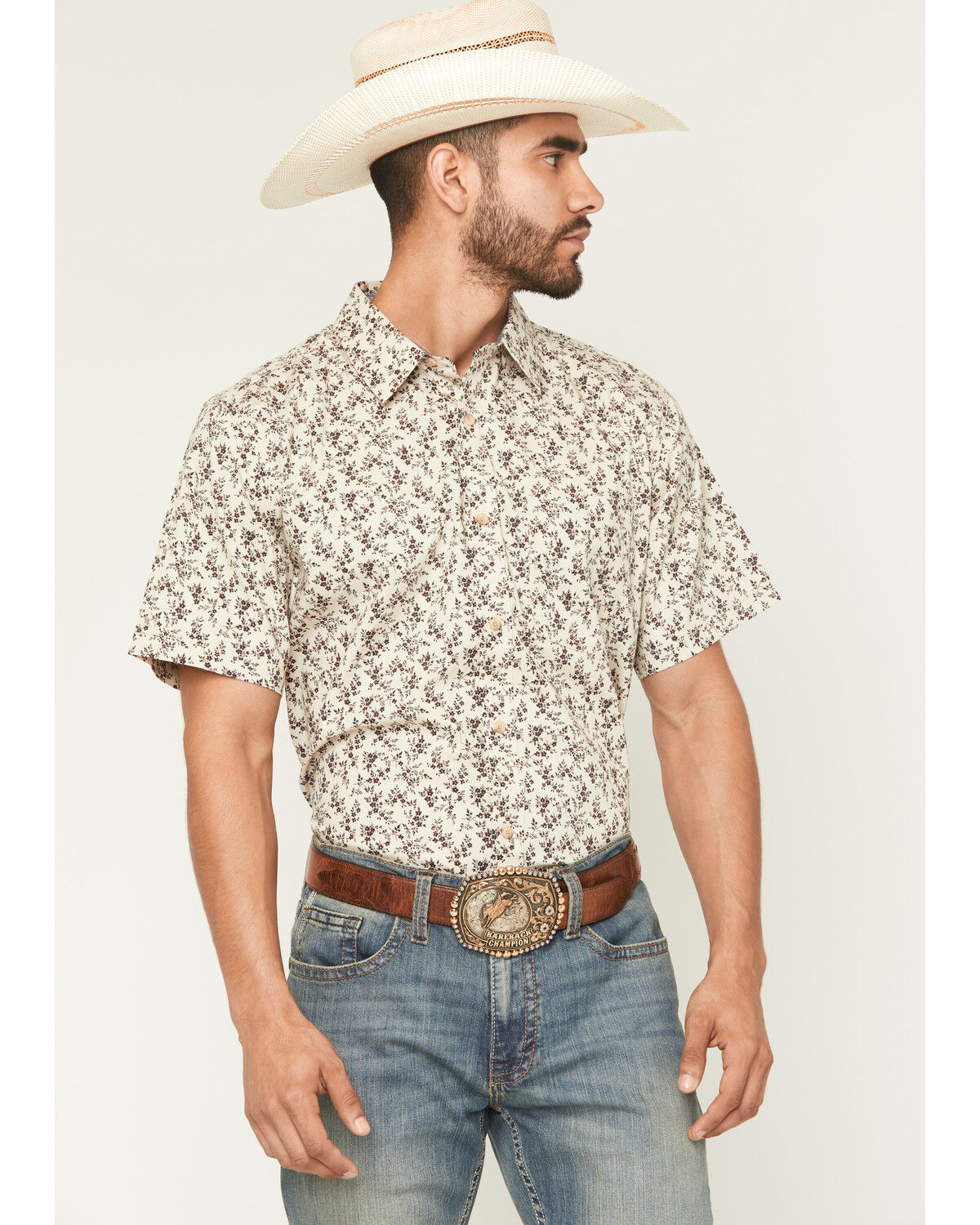 Image #1 - Cody James Men's Columbia Floral Print Short Sleeve Button-Down Stretch Western Shirt, Tan, hi-res