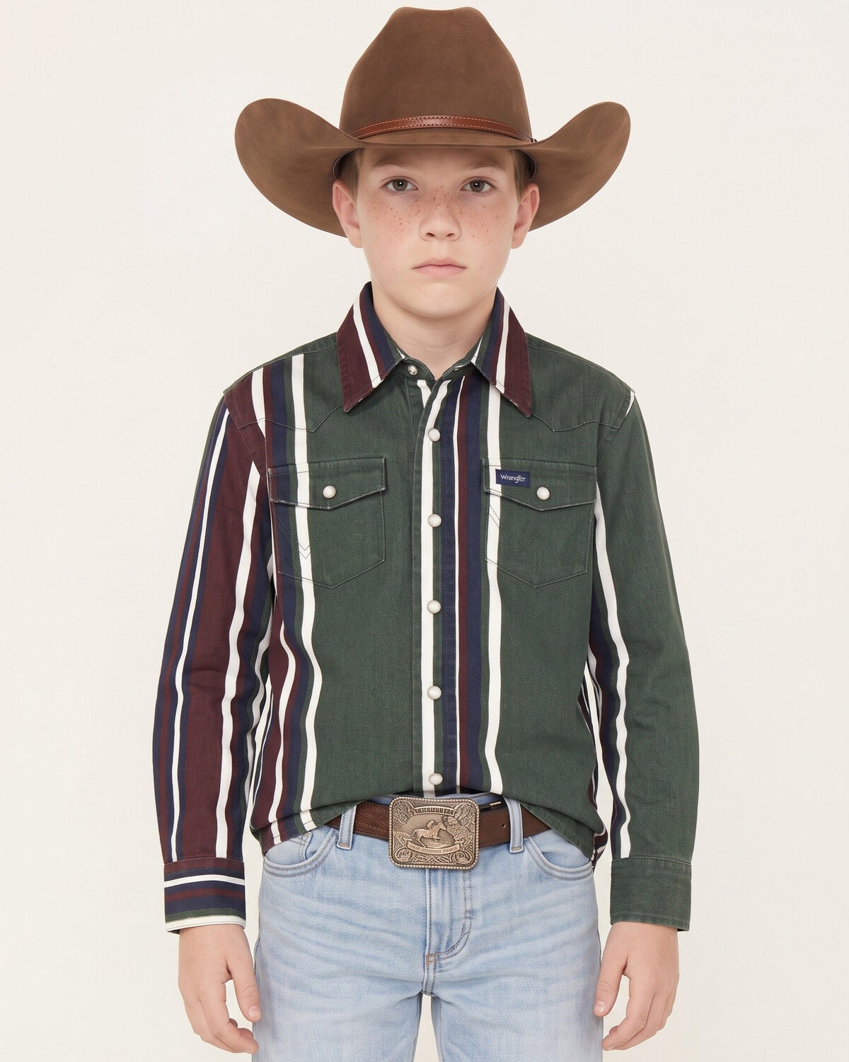 Wrangler Boys' Brushpopper Striped Long Sleeve Snap Western Shirt, Green, hi-res