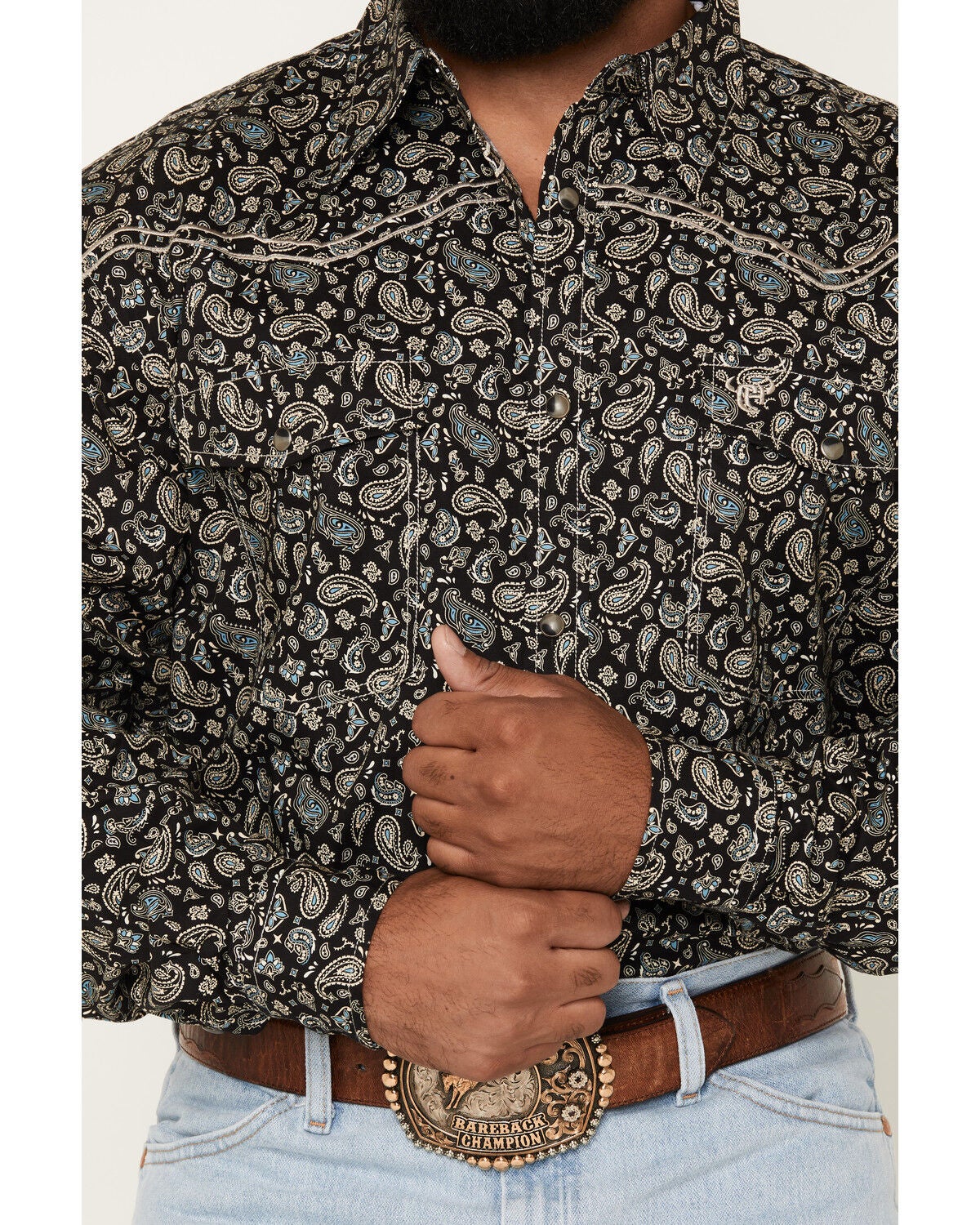 Image #3 - Cowboy Hardware Men's Scatter Paisley Print Long Sleeve Pearl Snap Stretch Western Shirt, Black, hi-res