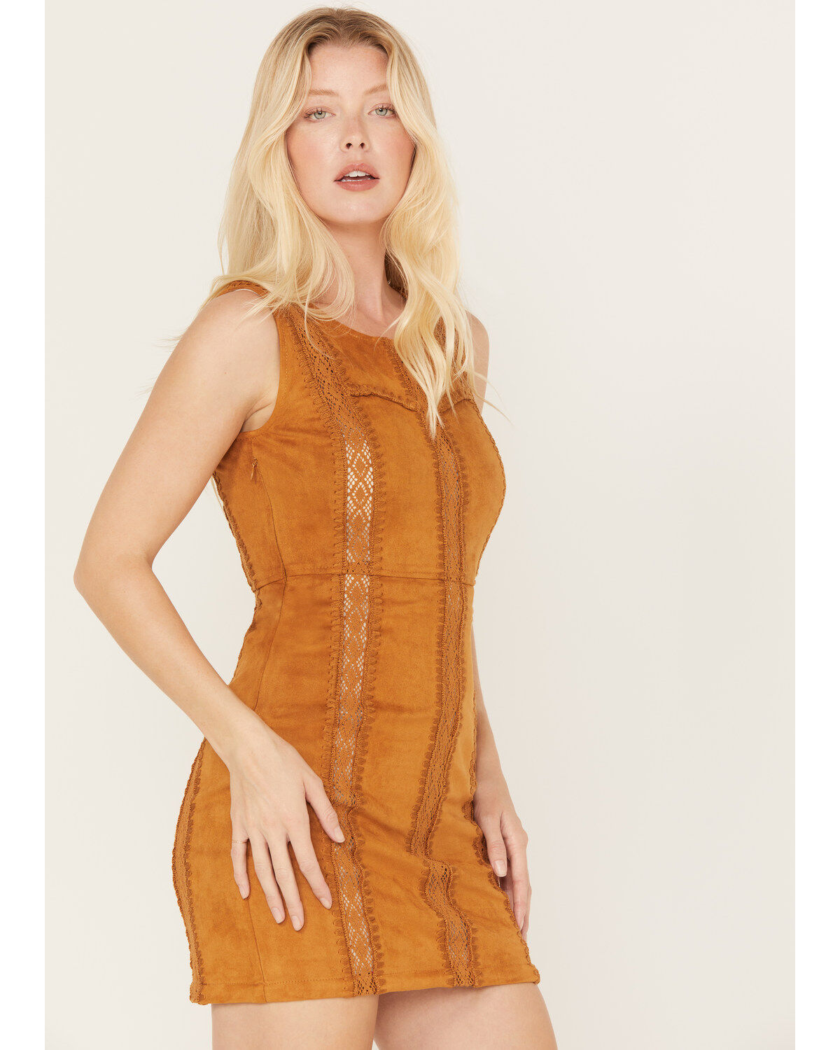 Image #2 - Shyanne Women's Faux Suede Crochet Mini Dress, Caramel, hi-res