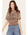 Youth in Revolt Women's Skeletons Shirred Bottom Short Sleeve Graphic Tee, Brown, hi-res