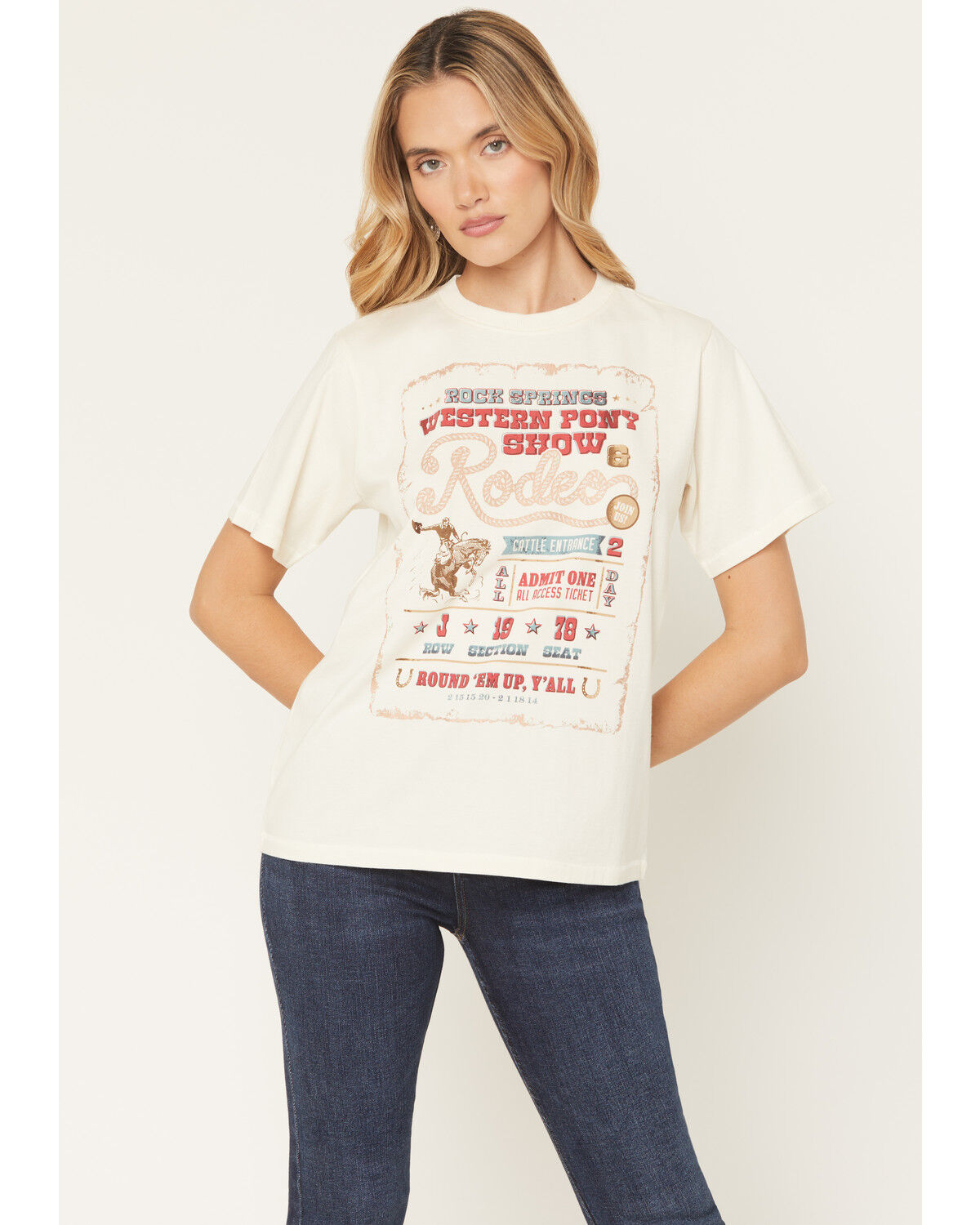 Image #1 - Shyanne Women's Rodeo Ticket Short Sleeve Graphic Tee, Cream, hi-res